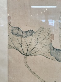 In the manner of Jiang Tingxi 蔣廷錫 (1669 - 1732): 'Mandarin ducks and lotus', ink and colour on silk, 19/20th C.