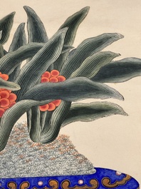 In the manner of Chen Shaofeng 陳兆鳳 (Late Qing Dynasty): 'Qinggong 清供', ink and colour on paper, Cixi mark, 20th C.