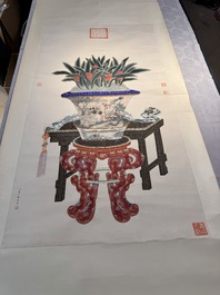 In the manner of Chen Shaofeng 陳兆鳳 (Late Qing Dynasty): 'Qinggong 清供', ink and colour on paper, Cixi mark, 20th C.