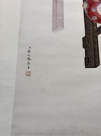 In the manner of Chen Shaofeng 陳兆鳳 (Late Qing Dynasty): 'Qinggong 清供', ink and colour on paper, Cixi mark, 20th C.