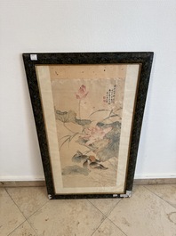 In the manner of Jiang Tingxi 蔣廷錫 (1669 - 1732): 'Mandarin ducks and lotus', ink and colour on silk, 19/20th C.