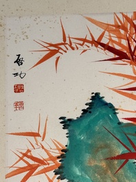 In the manner of Qi Gong 啟功 (1912-2005): 'Grapes' and 'Bamboo', ink and colour on paper, dated 1988