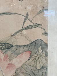 In the manner of Jiang Tingxi 蔣廷錫 (1669 - 1732): 'Mandarin ducks and lotus', ink and colour on silk, 19/20th C.