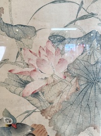In the manner of Jiang Tingxi 蔣廷錫 (1669 - 1732): 'Mandarin ducks and lotus', ink and colour on silk, 19/20th C.