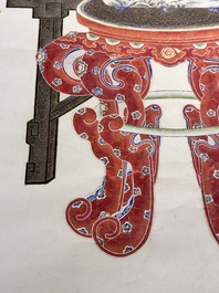 In the manner of Chen Shaofeng 陳兆鳳 (Late Qing Dynasty): 'Qinggong 清供', ink and colour on paper, Cixi mark, 20th C.