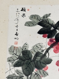 In the manner of Qi Gong 啟功 (1912-2005): 'Grapes' and 'Bamboo', ink and colour on paper, dated 1988