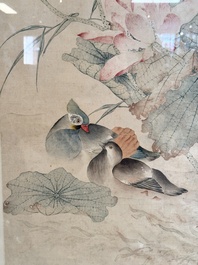 In the manner of Jiang Tingxi 蔣廷錫 (1669 - 1732): 'Mandarin ducks and lotus', ink and colour on silk, 19/20th C.