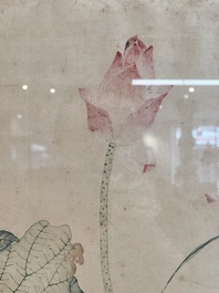 In the manner of Jiang Tingxi 蔣廷錫 (1669 - 1732): 'Mandarin ducks and lotus', ink and colour on silk, 19/20th C.