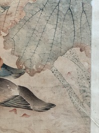 In the manner of Jiang Tingxi 蔣廷錫 (1669 - 1732): 'Mandarin ducks and lotus', ink and colour on silk, 19/20th C.