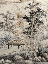 In the manner of Qi Gong 啟功 (1912-2005): 'Mountainous landscape', ink and colour on paper