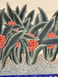 In the manner of Chen Shaofeng 陳兆鳳 (Late Qing Dynasty): 'Qinggong 清供', ink and colour on paper, Cixi mark, 20th C.