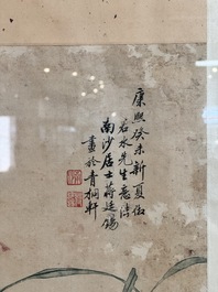 In the manner of Jiang Tingxi 蔣廷錫 (1669 - 1732): 'Mandarin ducks and lotus', ink and colour on silk, 19/20th C.