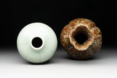 A Chinese celadon-glazed vase and a faux bronze-glazed vase, Qianlong mark, 18/19th C.