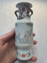 A Chinese famille rose vase and a small qianjiang cai vase, Qianlong mark, 19th C.