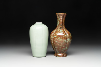 A Chinese celadon-glazed vase and a faux bronze-glazed vase, Qianlong mark, 18/19th C.