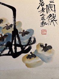 In the manner of Qi Baishi 齊白石 (1864-1957): 'Persimmons' and Wang Fuchang 王福厂(1880-1960): 'Calligraphy', ink and colour on paper