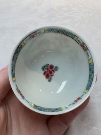 A set of six Chinese famille rose cups and saucers with birds among flowering branches, Yongzheng/Qianlong