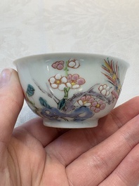 A set of six Chinese famille rose cups and saucers with birds among flowering branches, Yongzheng/Qianlong