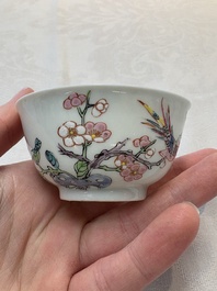 A set of six Chinese famille rose cups and saucers with birds among flowering branches, Yongzheng/Qianlong