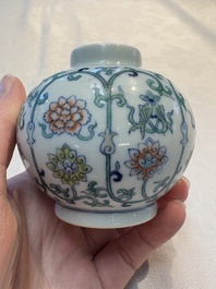 A Chinese doucai 'bajixiang' vase with a reticulated wooden cover, Yongzheng mark, 19/20th C.