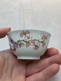 A set of six Chinese famille rose cups and saucers with birds among flowering branches, Yongzheng/Qianlong