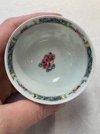 A set of six Chinese famille rose cups and saucers with birds among flowering branches, Yongzheng/Qianlong
