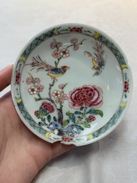 A set of six Chinese famille rose cups and saucers with birds among flowering branches, Yongzheng/Qianlong