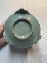 A Chinese Longquan celadon cylindrical tripod censer with &lsquo;trigrams&rsquo; design, Yuan/Ming
