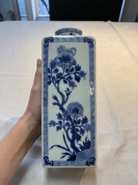 A Chinese blue and white square flask and cover with floral design, Kangxi
