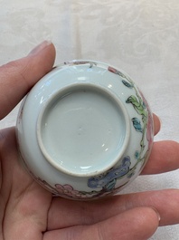 A set of six Chinese famille rose cups and saucers with birds among flowering branches, Yongzheng/Qianlong