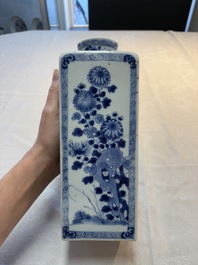A Chinese blue and white square flask and cover with floral design, Kangxi