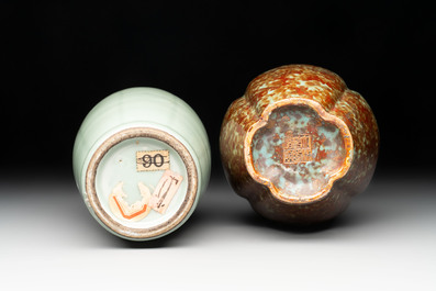 A Chinese celadon-glazed vase and a faux bronze-glazed vase, Qianlong mark, 18/19th C.