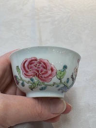A set of six Chinese famille rose cups and saucers with birds among flowering branches, Yongzheng/Qianlong