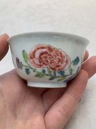 A set of six Chinese famille rose cups and saucers with birds among flowering branches, Yongzheng/Qianlong
