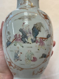 A Chinese famille rose vase and a small qianjiang cai vase, Qianlong mark, 19th C.