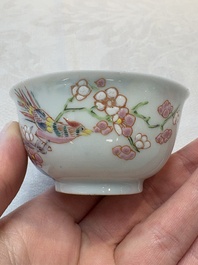 A set of six Chinese famille rose cups and saucers with birds among flowering branches, Yongzheng/Qianlong