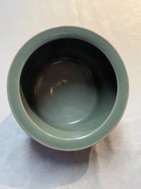 A Chinese Longquan celadon cylindrical tripod censer with &lsquo;trigrams&rsquo; design, Yuan/Ming