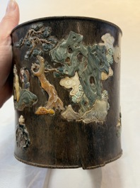 A Chinese hardstone, mother-of-pearl and silver embellished zitan bitong, Chongzhen mark, 17/18th C.