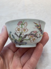 A set of six Chinese famille rose cups and saucers with birds among flowering branches, Yongzheng/Qianlong