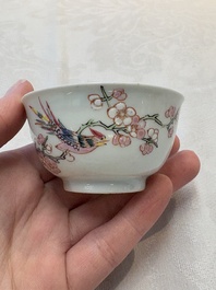 A set of six Chinese famille rose cups and saucers with birds among flowering branches, Yongzheng/Qianlong