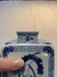 A Chinese blue and white square flask and cover with floral design, Kangxi