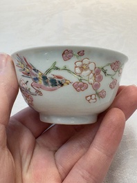 A set of six Chinese famille rose cups and saucers with birds among flowering branches, Yongzheng/Qianlong