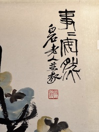 In the manner of Qi Baishi 齊白石 (1864-1957): 'Persimmons' and Wang Fuchang 王福厂(1880-1960): 'Calligraphy', ink and colour on paper
