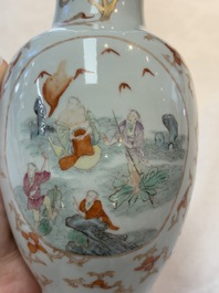 A Chinese famille rose vase and a small qianjiang cai vase, Qianlong mark, 19th C.