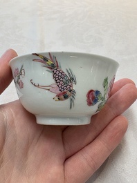 A set of six Chinese famille rose cups and saucers with birds among flowering branches, Yongzheng/Qianlong
