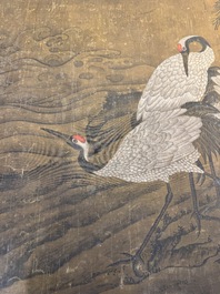 Chinese school: 'Eight cranes under a pine tree', ink and colour on silk, probably Qing