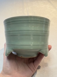 A Chinese Longquan celadon cylindrical tripod censer with &lsquo;trigrams&rsquo; design, Yuan/Ming