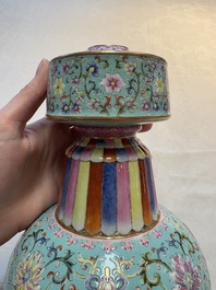 A Chinese famille rose altar vase with 'bajixiang' design, 'benbahu', Qianlong mark, 20th C.