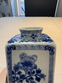 A Chinese blue and white square flask and cover with floral design, Kangxi
