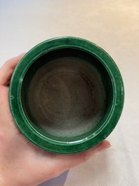 A Chinese verte biscuit 'riverscape' brush pot, artemisia leaf mark, 19th C.